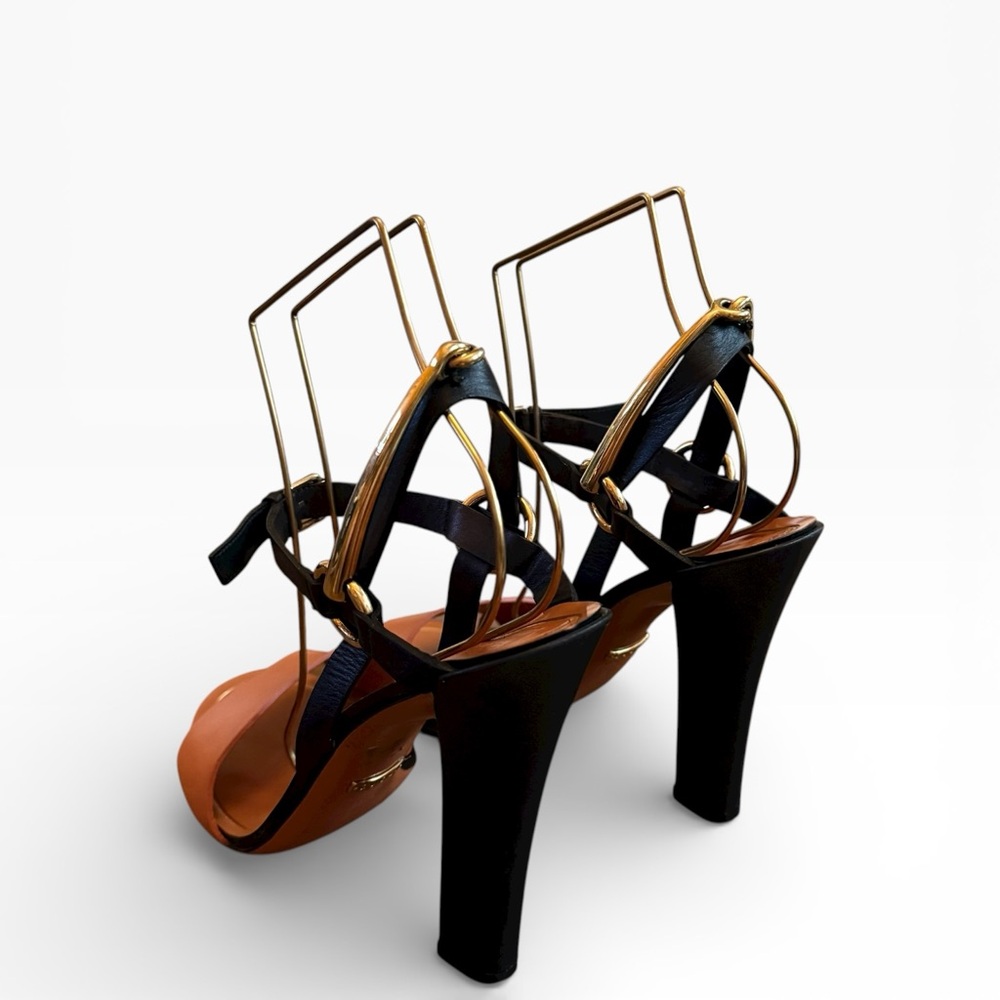 Gucci Horsebit Accent Leather Block Heel Sandals - Black & Cognac EU 38.5 US 8.5 - Picture 3 of 15